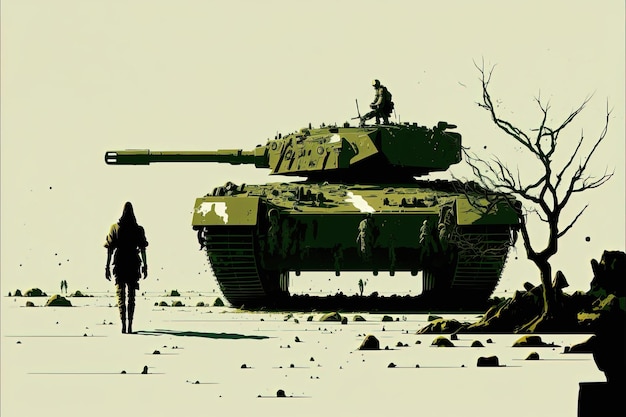 戦車と兵士の戦争シーンのイラスト。ジェネレーティブ AI