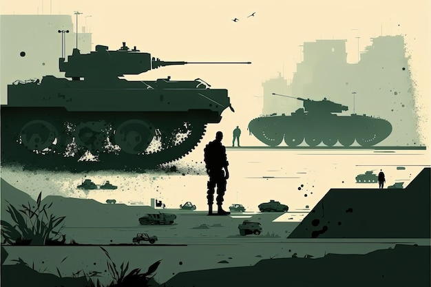 Photo war scene illustration with war tank and soldiers. generative ai