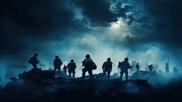 Foto scena di guerra con soldati silhouette che combattono in una città in rovina sotto un cielo nuvoloso