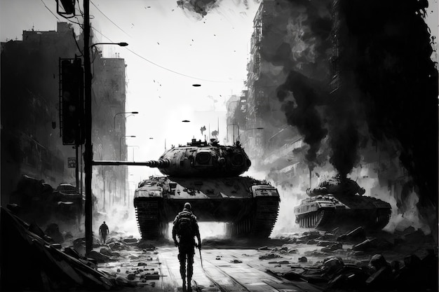 War scene with tank and destroyed city in the background. Generative AI
