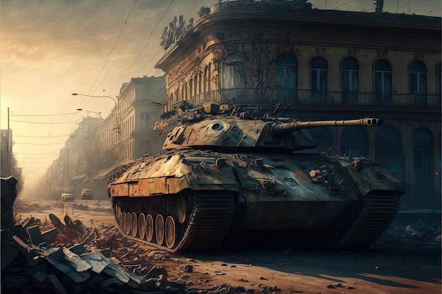 전쟁 탱크와 파괴된 도시를 배경으로 한 전쟁 장면. 생성 AI