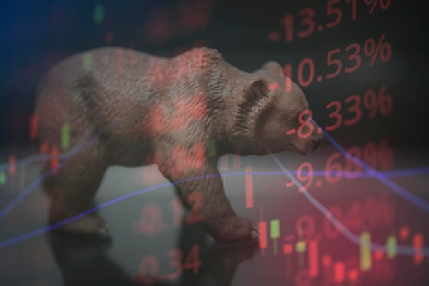 War stock trading bull and bear market concept with stock chart crisis red price drop arrow down chart fall stock market bear finance risk trend investment business and money losing economic