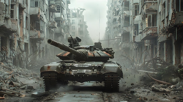 War tank driving through a city devastated by bombing Concept war peace stop