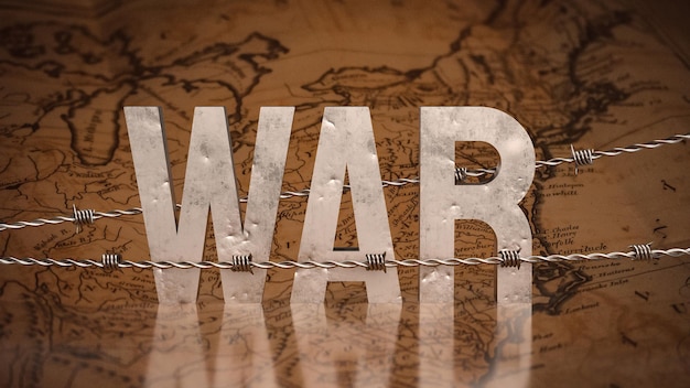 Foto il testo di guerra e il filo spinato sulla mappa immagine 3d renderingxa