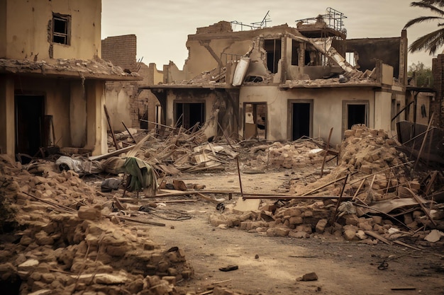 War torn village with destroyed old houses artwork related to Ukraine and Russia