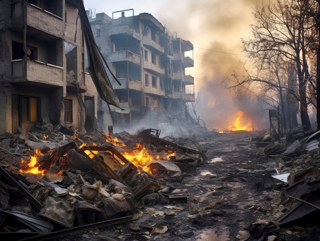 War in Ukraine destroyed buildings smoke fire garbage