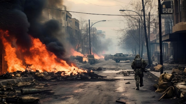 War in Ukraine empty street smoke fire garbage