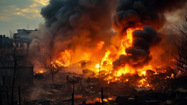War in Ukraine giant explosion smoke fire garbage professional photo lots of detail sharp focus no people ar 169 v 52 Job ID 990c5b8dcc9c44b5887dc04a7c3620e3