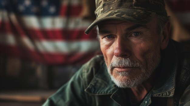 Foto giorno dei veterani di guerra usa ritratto di un uomo caucasico anziano che guarda la telecamera sullo sfondo dello spazio di copia della bandiera americana