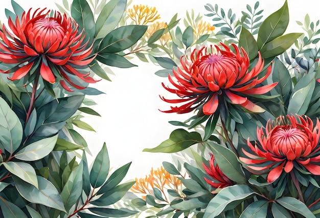 Photo waratah flower frame against deep green foliage