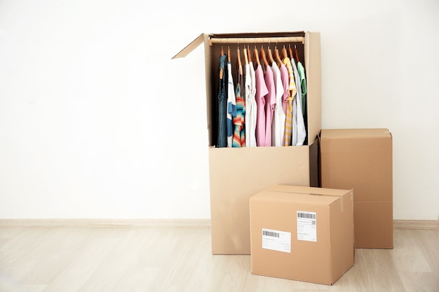 Wardrobe boxes with clothes indoors