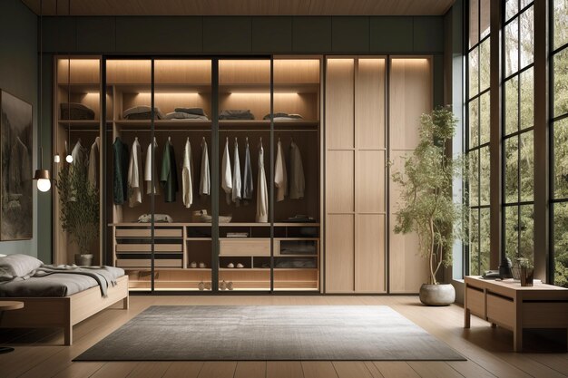 Wardrobe interior with wooden furniture in modern Japandi style house