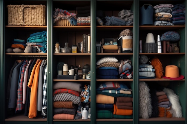 Photo wardrobe shelves with clothes things plaids baskets organization of space in the closet