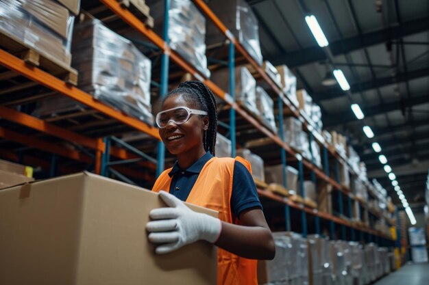 Warehouse business and happy woman employee holding a box or product for courier service delivery or