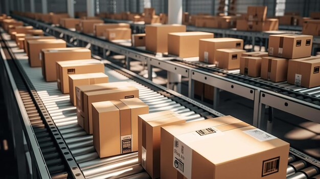 In the warehouse cardboard boxes are moving on a conveyor belt