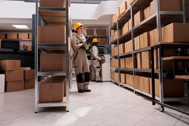 Warehouse employee holding clipboard, looking at cardboard boxes and taking notes. shipment company diverse team working in logistic and distribution department storehouse