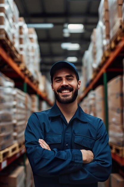 Warehouse employee in storage aisle with shelves full of delivery goods