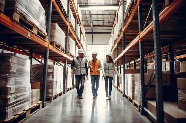 Warehouse employees walking through aisle and talking Generative ai