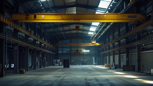 Warehouse of engineering plant shop with yellow overhead crane Empty storage areas Generative AI