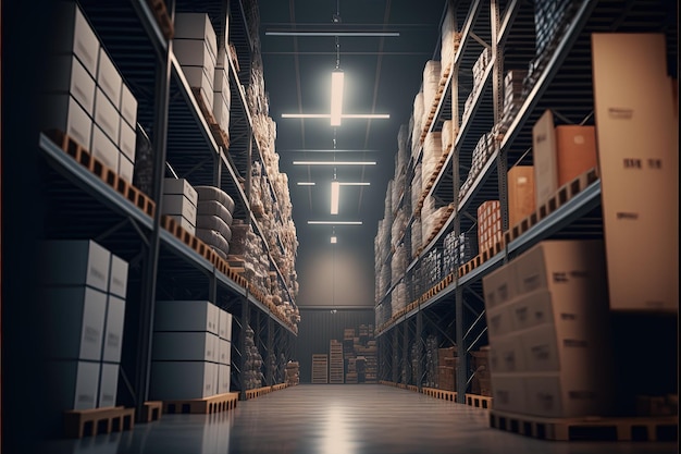Warehouse facility with tall shelves storage Generative Ai