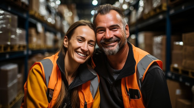 In the warehouse factory a skilled crew of warehouse workers celebrates victory