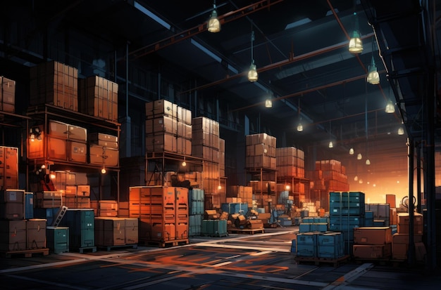 a warehouse filled with many boxes and stacked crates