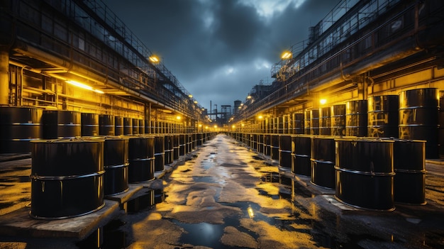 Warehouse filled with rows of barrels containing raw materials Generative AI