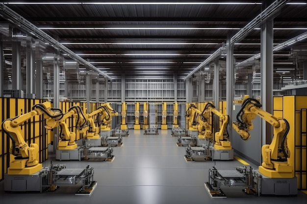 Warehouse full of robotic arms building parts for new vehicle