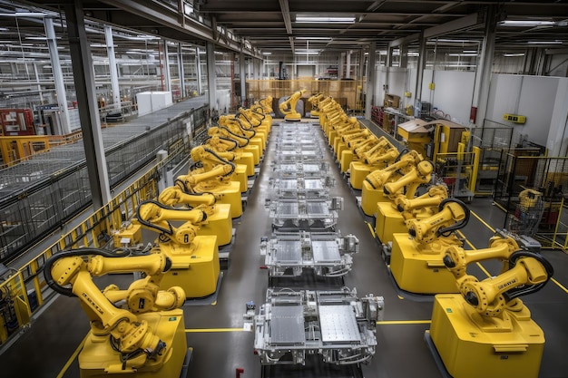 Warehouse full of robotic arms building parts for new vehicle