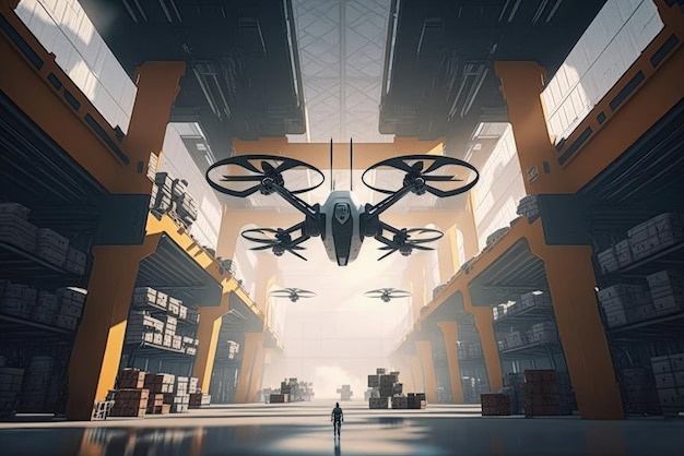 The warehouse of the future with flying drones inside Generative AI