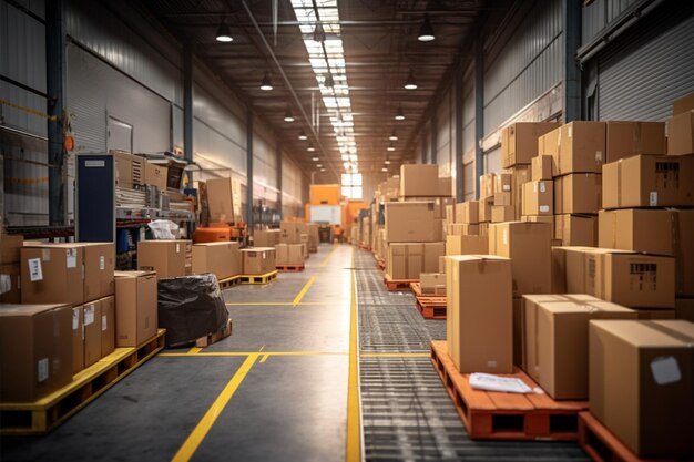 Photo warehouse goods in cartons factory storage shipping merchandise room logistics background