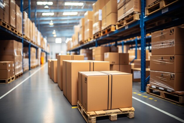 Photo warehouse goods in cartons factory storage shipping merchandise room logistics background