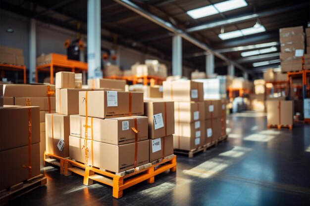 warehouse goods in cartons factory storage Shipping merchandise room Logistics background