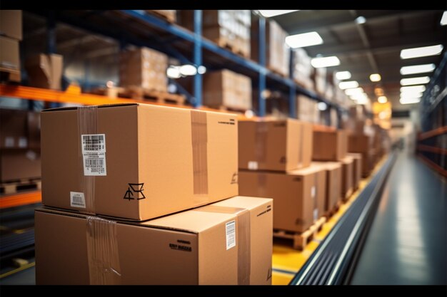 Photo warehouse goods in cartons factory storage shipping merchandise room logistics background