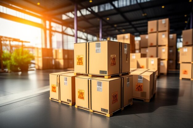 Photo warehouse goods in cartons factory storage shipping merchandise room logistics background