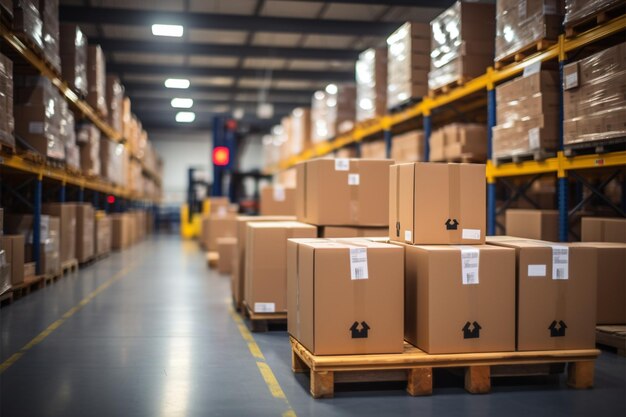 Photo warehouse goods in cartons factory storage shipping merchandise room logistics background