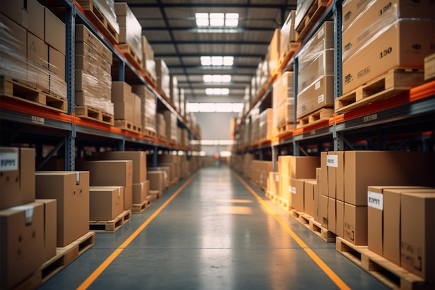 Photo warehouse goods in cartons factory storage shipping merchandise room logistics background