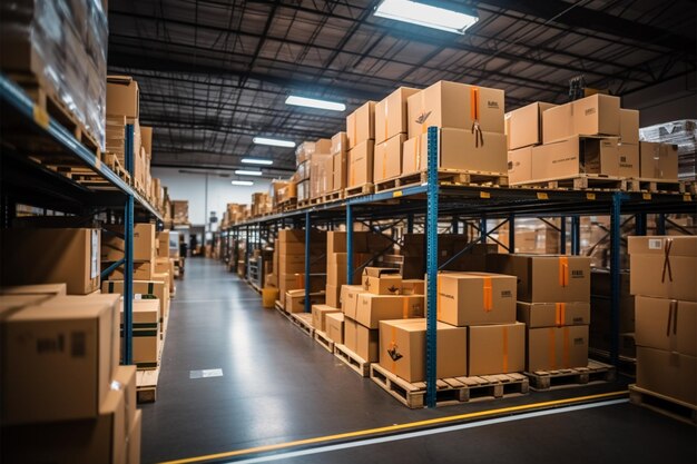 Photo warehouse goods in cartons factory storage shipping merchandise room logistics background