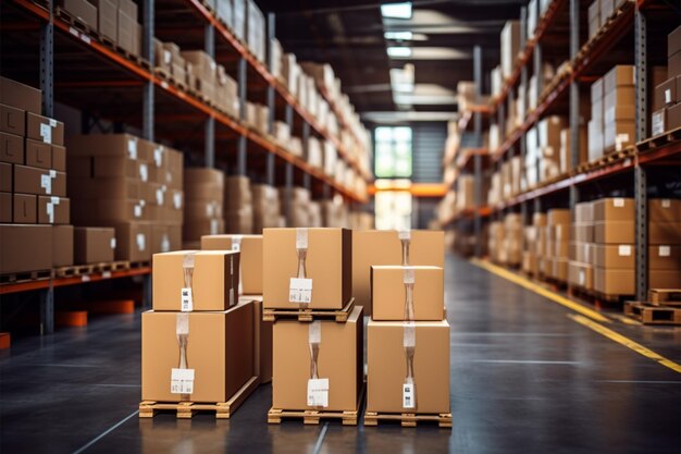 Photo warehouse goods in cartons factory storage shipping merchandise room logistics background