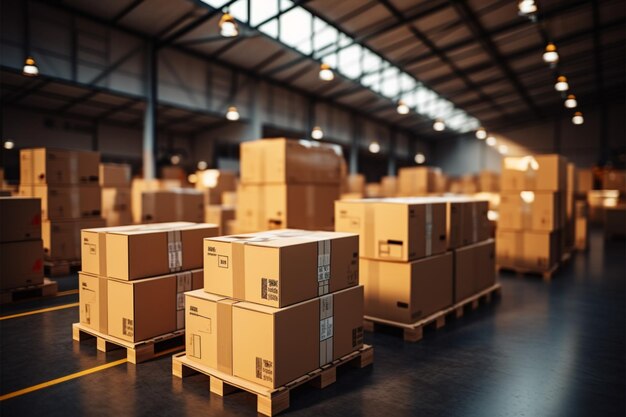 Photo warehouse goods in cartons factory storage shipping merchandise room logistics background