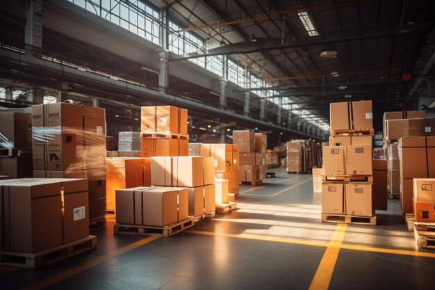 Photo warehouse goods in cartons factory storage shipping merchandise room logistics background