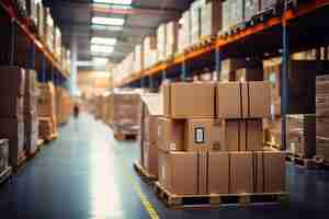 Photo warehouse goods in cartons factory storage shipping merchandise room logistics background