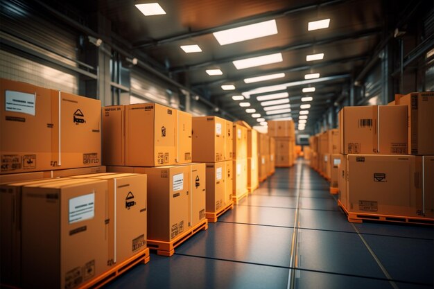 Photo warehouse goods in cartons factory storage shipping merchandise room logistics background