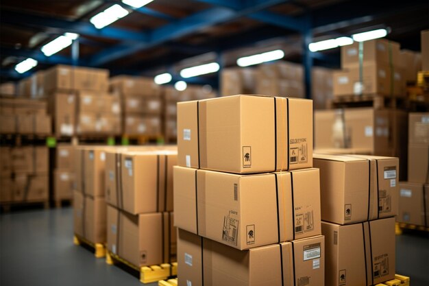 Photo warehouse goods in cartons factory storage shipping merchandise room logistics background