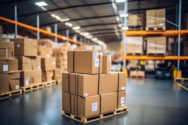 Photo warehouse goods in cartons factory storage shipping merchandise room logistics background