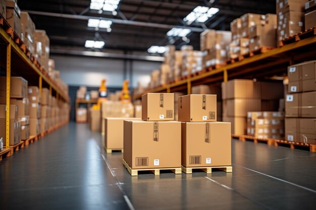 Photo warehouse goods in cartons factory storage shipping merchandise room logistics background