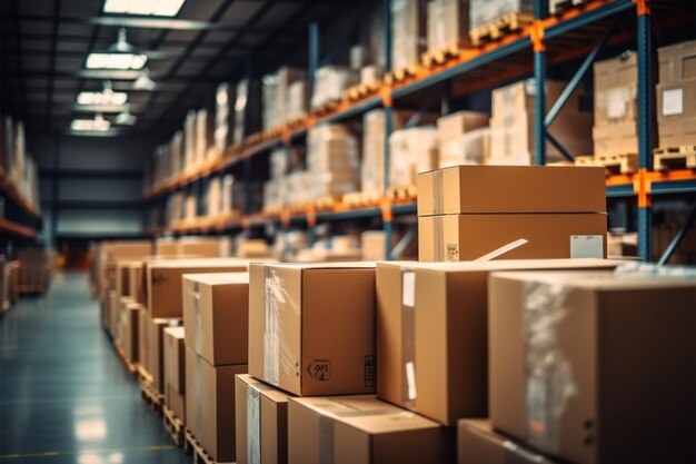 Photo warehouse goods in cartons factory storage shipping merchandise room logistics background