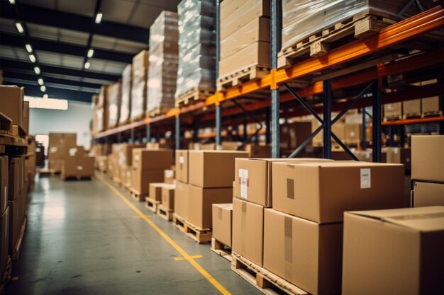 Photo warehouse goods in cartons factory storage shipping merchandise room logistics background