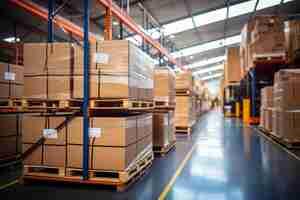 Photo warehouse goods in cartons factory storage shipping merchandise room logistics background