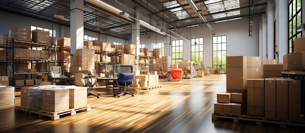 Warehouse or industry building interior known as distribution center retail warehouse